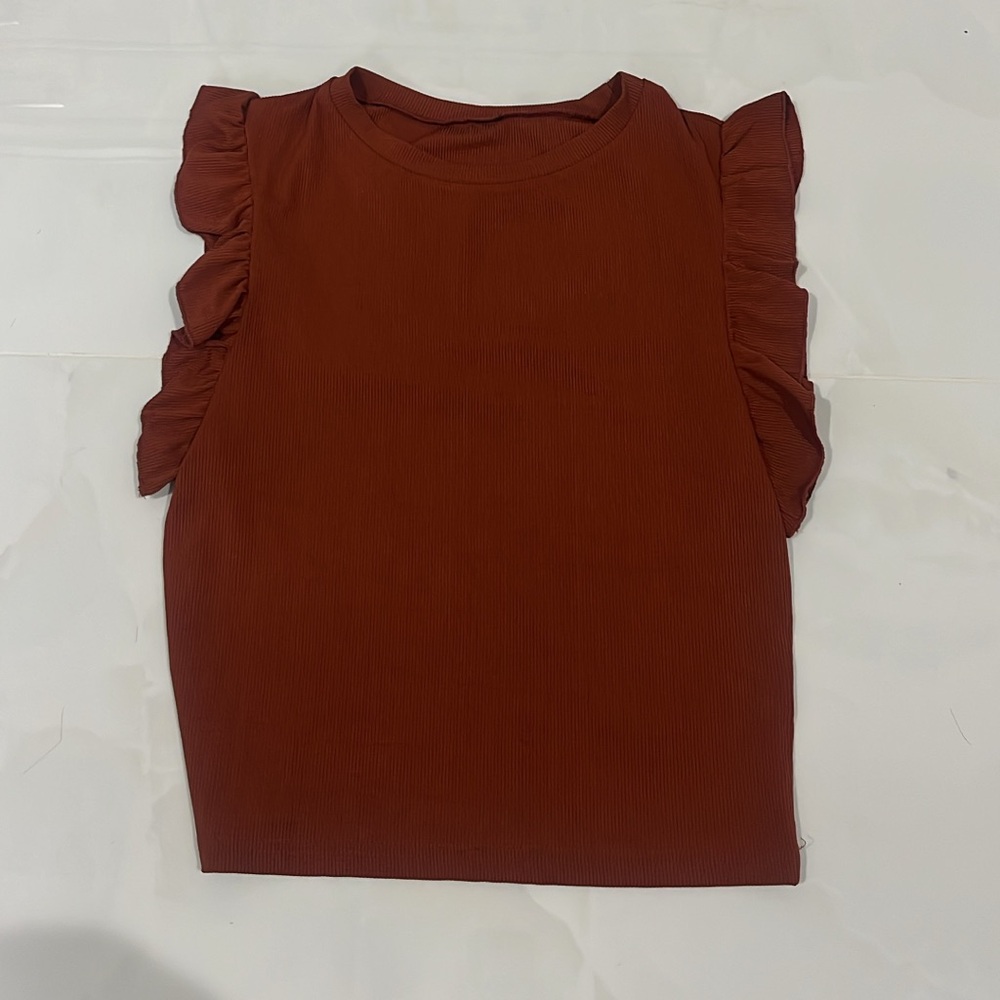 Old Navy Brown and Orange Ruffled Puff Sleeve Tank Top